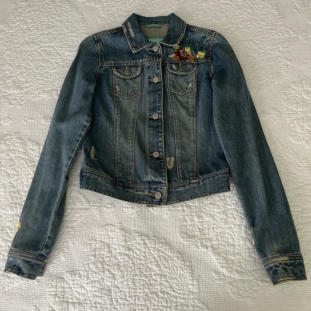 Hollister Blue Jean Jacket with Floral Embroidery